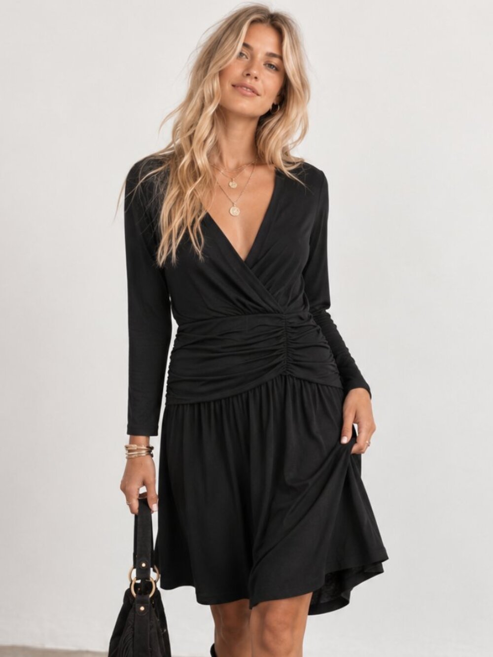 ANTHROPOLOGIE Lilla P Black Knit Faux Wrap Ruched V-Neck Dress 3/4 Sleeve Sz L